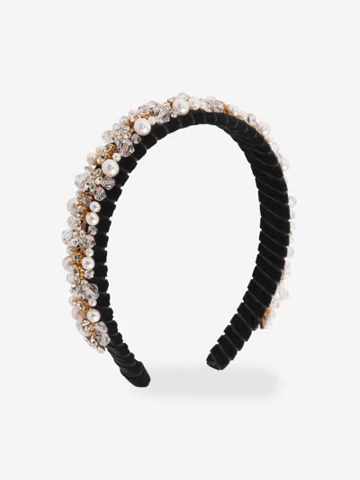 Monnalisa Kids'   Velvet Headband With Rhinestones And Pearls In Black