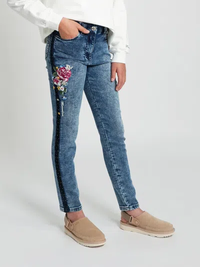 Monnalisa Kids'  Girls Embroidered Denim Stretch Jeans In Blue
