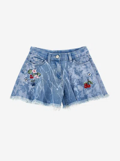 Monnalisa Kids'  Girls Flower And Fruit Denim Shorts In Blue