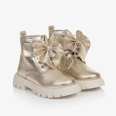 Monnalisa Kids' Girls Gold Leather Bow Ankle Boots