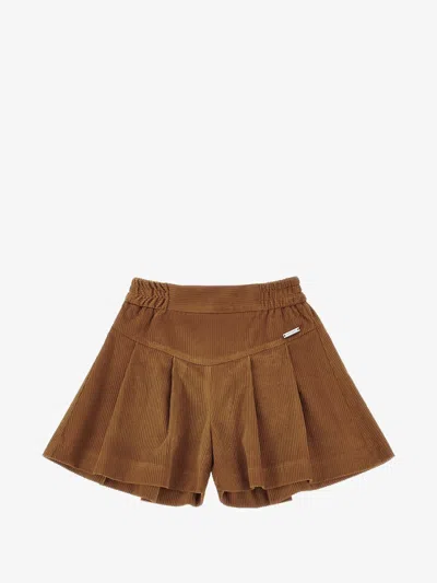 Monnalisa Girls High-waisted Mini Shorts With Pleated Details And Elastic Waist In Marrone