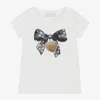 Monnalisa Girls Ivory Cotton Diamanté Bow T-shirt In Ivory
