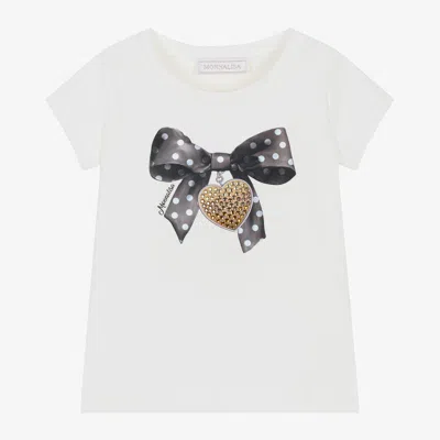 Monnalisa Kids' Girls Ivory Cotton Diamanté Bow T-shirt