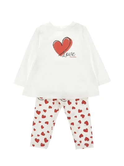 Monnalisa Girls Maxi T-shirt And Leggings Set With Heart Print In Bianco