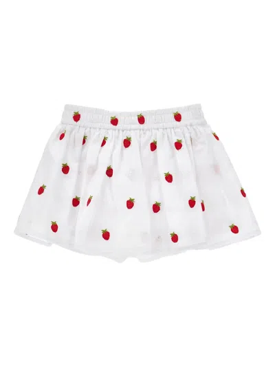 Monnalisa Girls' Mini Skirt Culottes With Embroidered Strawberries And Drawstring Waist In White