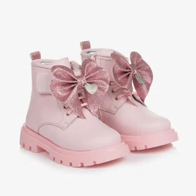 Monnalisa Kids' Girls Pink Leather Bow Ankle Boots