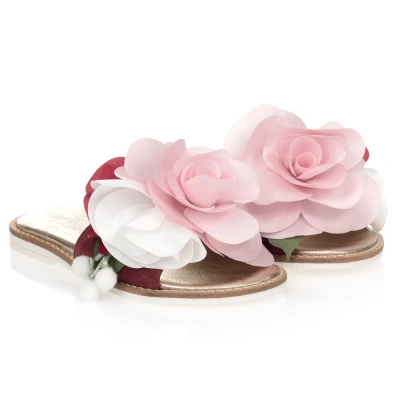 Monnalisa Kids' Girls Pink Leather Floral Sandals