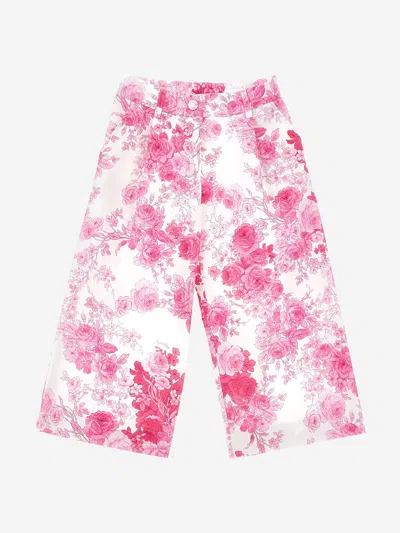 Monnalisa Kids'   Arabesque Pattern Cotton Satin Trousers In Cream + Magenta
