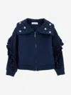 Monnalisa Zip-up Sweatshirt With Crystals And Ruffles In Blue