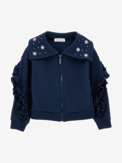 Monnalisa Kids'   Zip-up Sweatshirt With Crystals And Ruffles In Dark Blue