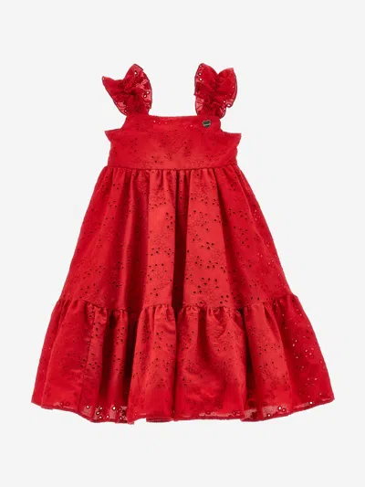 Monnalisa Kids' 马德拉刺绣分层式棉连衣裙 In Red