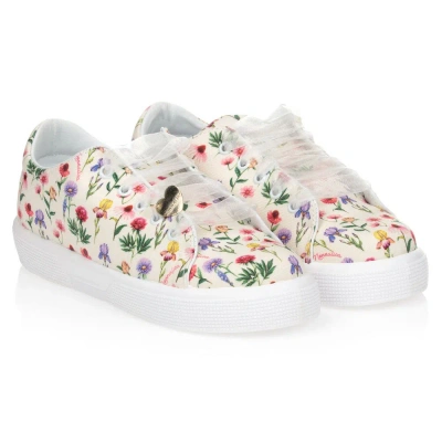 Monnalisa Girls Teen Ivory Floral Trainers In White + Rosa Fairytale