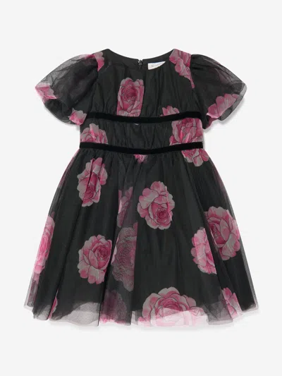 Monnalisa Babies' Girls Tulle Flower Print Dress In Black
