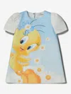 Monnalisa Light Blue Dress With Tweety Bird Print In Ivory