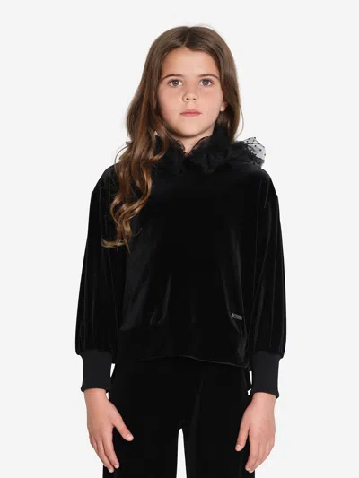 Monnalisa Kids' Point D'esprit-mesh Velvet Hoodie In Black