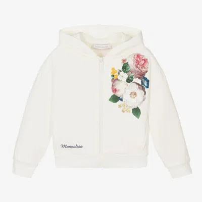 Monnalisa Kids' Girls White Cotton Floral Zip-up Hoodie
