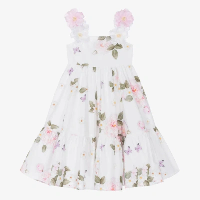 Monnalisa Kids' Girls White Cotton Flower & Butterfly Dress