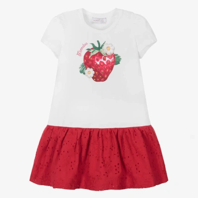 Monnalisa Kids' Girls White Cotton Strawberry Dress