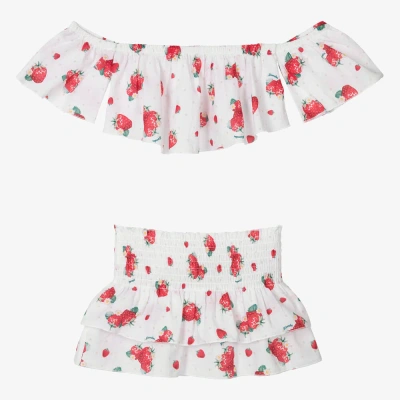 Monnalisa Kids' Girls White Strawberry Print Skirt Set