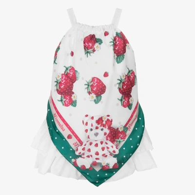 Monnalisa Kids' Girls White Strawberry Satin Scarf Dress