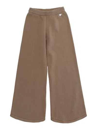 Monnalisa Girls Wide-leg Knit Trousers With Elastic Waistband & Logo Detail In Beige