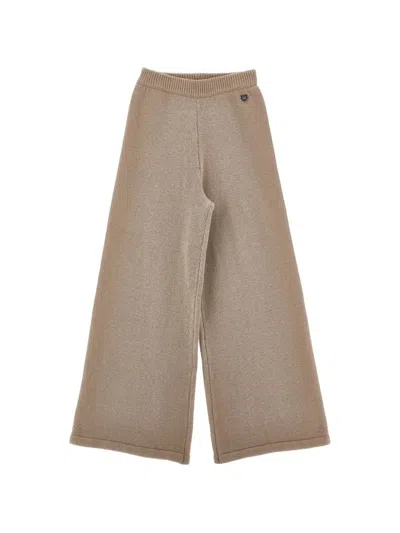Monnalisa Girls Wide-leg Knit Trousers With Elastic Waistband & Logo Detail In Beige