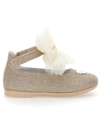 Monnalisa Glitter Ballet Flats With Bows In Light Gold