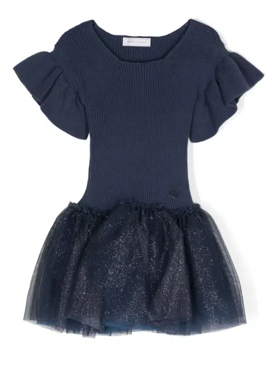 Monnalisa Kids' Glitter-detail Knitted Dress In Blue