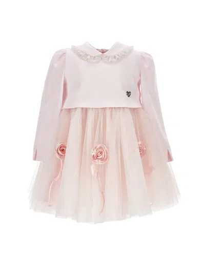 Monnalisa Kids'   Glitter Dress With Flower Decoration In Dusty Pink Rose