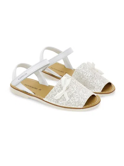 Monnalisa Glitter Embellished Bow Slingback Mini Sandals For Girls In White