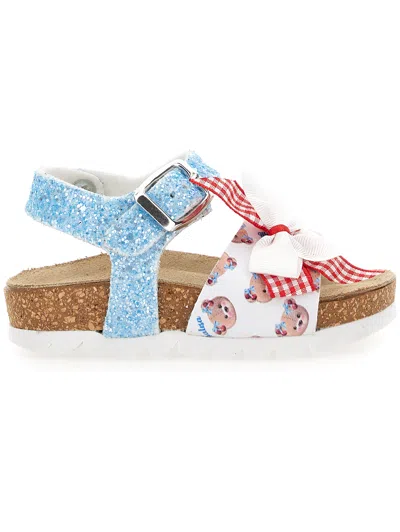 Monnalisa Glitter Sandals With Bows In Light Blue + Red