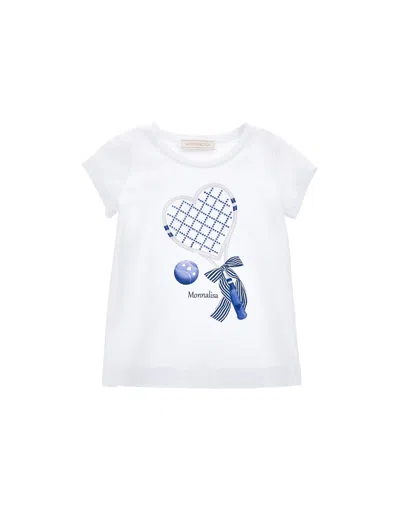 Monnalisa Kids' Embellished Racket Print T-shirt In White