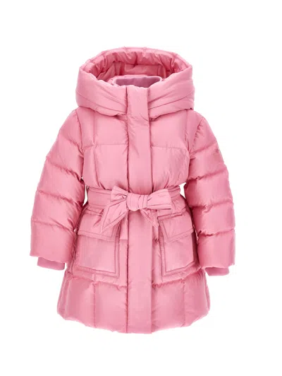 Monnalisa Kids'   Goose Down Padded Jacket With Belt In Bright Peach Pink