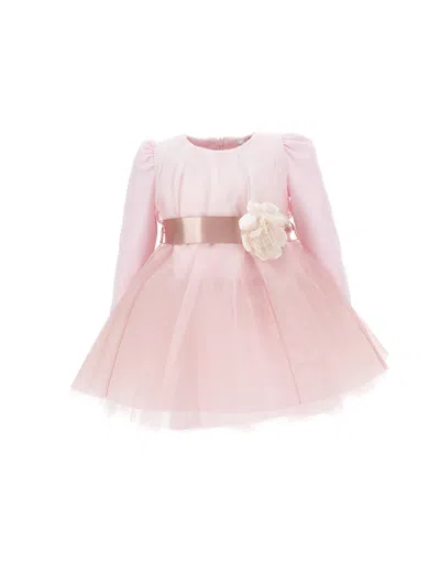 Monnalisa Graduated Tulle Dress In Antique Rose + Cream