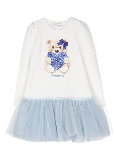Monnalisa Kids' Graphic-print Cotton Tulle Dress In White