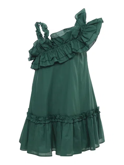 Monnalisa Kids' Ruffled Asymmetric Dress In Green