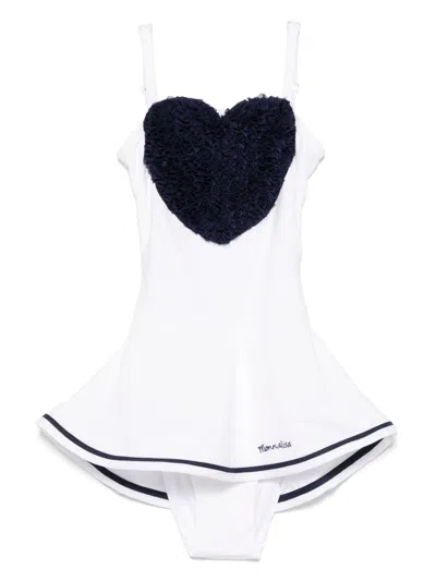 Monnalisa Kids' Ruched Heart Swimsuit In White
