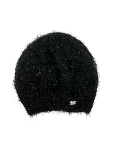 Monnalisa Kids' Heart-charm Frayed Beanie In Black