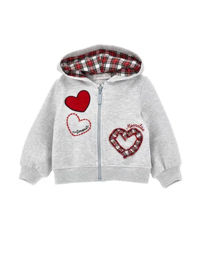 Monnalisa Kids'   Heart Zip-up Sweatshirt In Pearl Grey