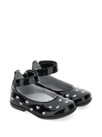 Monnalisa Babies' Heart-embroidered Leather Ballet Flats In Black