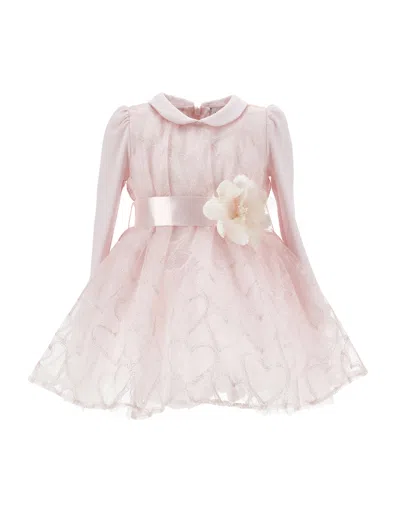 Monnalisa Kids' Tulle Glitter-heart Appliqué Dress In Pink