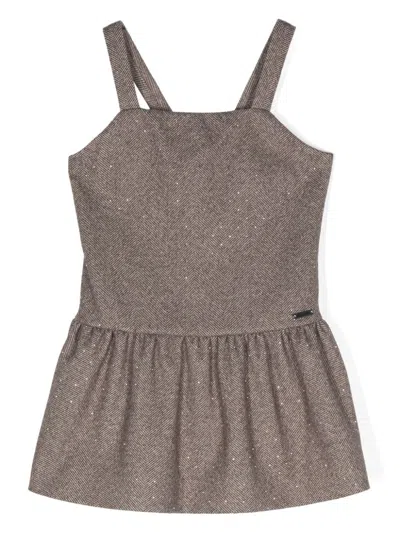 Monnalisa Kids' Herringbone-pattern Sleeveless Dress In Brown