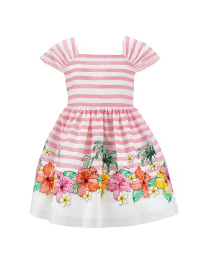Monnalisa Kids' Floral-print Striped Dress In White