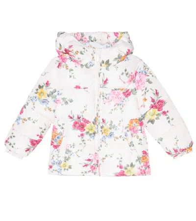 Monnalisa Kids' Hooded Floral Puffer Jacket In Ecru