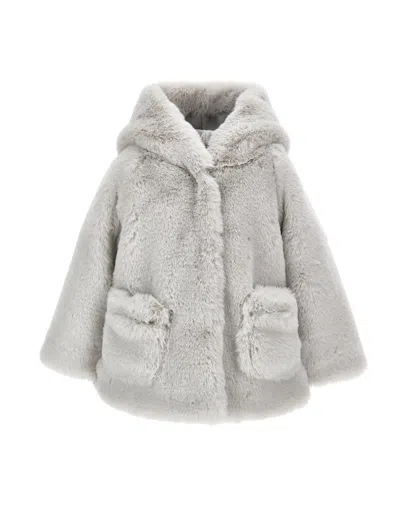 Monnalisa Kids'   Hooded Plush Coat In Pearl Grey