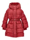 Monnalisa Down Jacket With Belt And Hood In Red