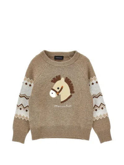 Monnalisa Babies'   Embroidered Pony Sweater In Brown