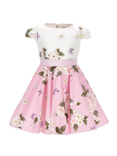 Monnalisa Kids'   Iconic Design Poplin Dress In White + Rosa Fairytale