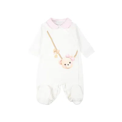 Monnalisa Ivory Babygrow Set For Baby Girl With Bear In White