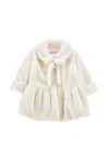 Monnalisa Ivory Faux Fur Coat For Baby Girl With Logo In White